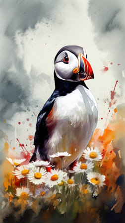 Winsome Baby Puffin in a Colorful Flower Field Art Print. Perfect for Greeting Cards. Generative AIの素材