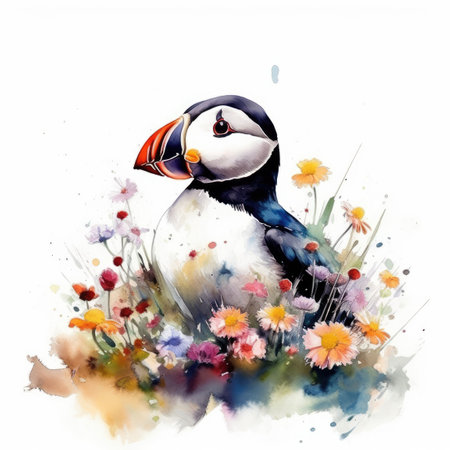 Winsome Baby Puffin in a Colorful Flower Field for Art Prints and Greeting Cards. Generative AIの素材