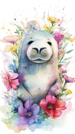 Winsome Baby Walrus in a Colorful Flower Field for Art Prints and Greeting Cards. Generative AIの素材