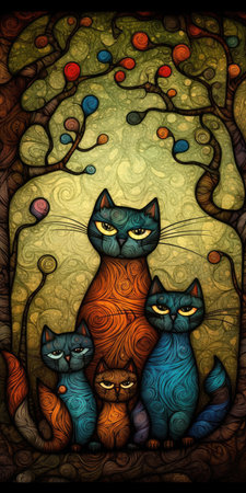 Whimsical Cat Family Portrait: A Playful and Joyful Artwork for Greeting Cards and Posters. Generative AIの素材