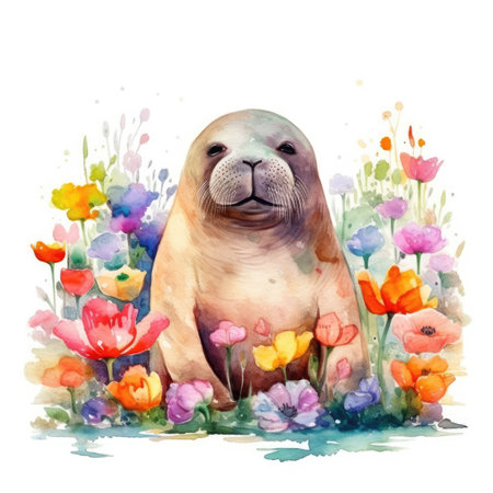 Winsome Baby Walrus in a Colorful Flower Field. Ideal for Art Prints and Greeting Cards. Generative AIの素材