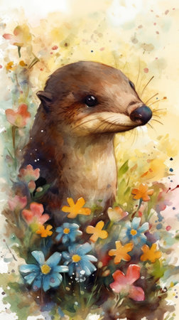 Winsome Baby Platypus in a Colorful Flower Field for Art Prints and Greetings. Generative AIの素材