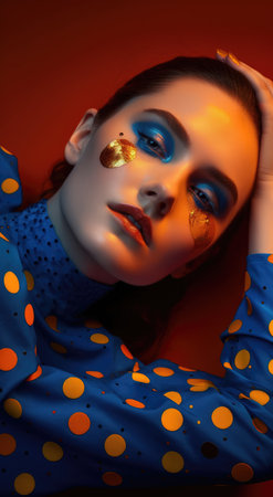 Bold Fashion Lady with Orange, Blue, and Yellow Eyeshadow. Perfect for Posters and Landing Pages. Generative AIの素材