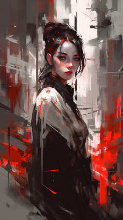 Futuristic Woman in Black and White with Crimson and Bronze Style for Posters and Web. Generative AIの素材