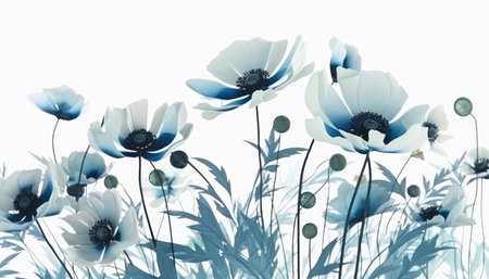 Soft Blue Anemone Arrangement on White Background for Modern Designs. Generative AIの素材