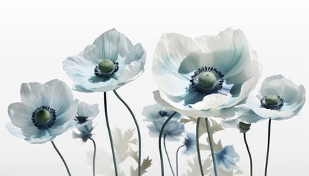 Soft Blue Anemone Arrangement on White Background for Modern Designs. Generative AIの素材
