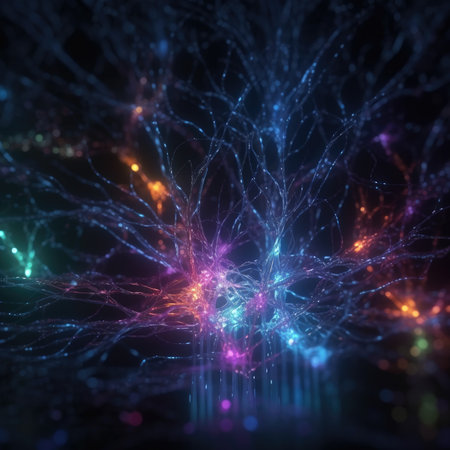 Neon-Glowing Network of Highly Connected Neurons. Ideal for Science and Technology Websites. Generative AIの素材