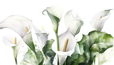 Elegant Calla Lily Cluster on White Background for Wedding Invitations. Generative AIの素材