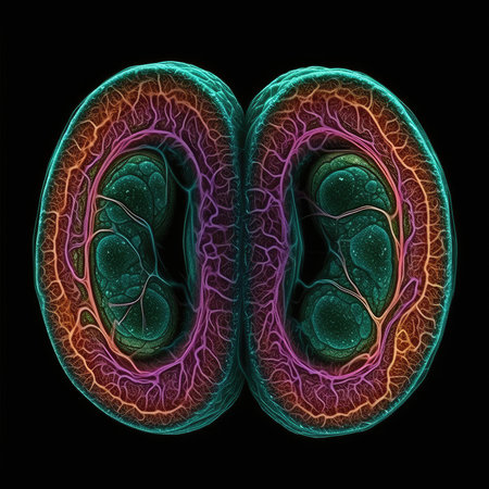 Vivid Colors of Cell Division: A Highly Detailed Electron Microscope View for Medical Research. Generative AIの素材