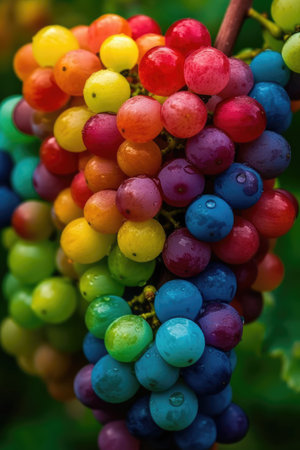 Rainbow-Colored Grapes on the Vine for Wine Labels and Menus. Generative AIの素材
