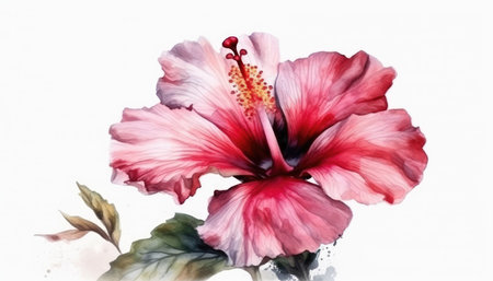Bold Pink Hibiscus Bloom on White Background in Modern Watercolor Style for Invitations and Posters. Generative AIの素材