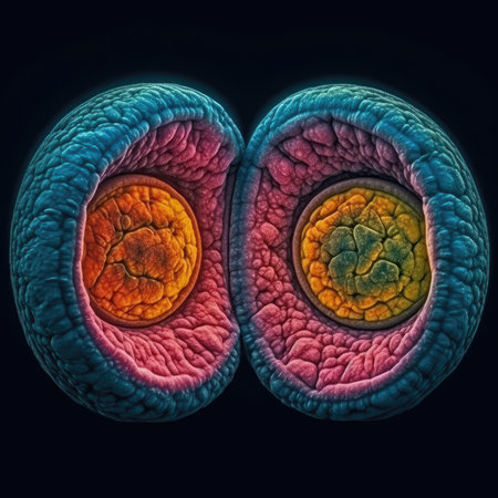 Vivid Colors of Cell Division: A Highly Detailed View from an Electron Microscope. Generative AIの素材