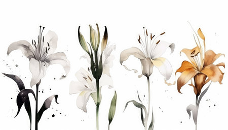 Modern Style Lily Collection on Crisp White Background for Invitations and Posters. Generative AIの素材