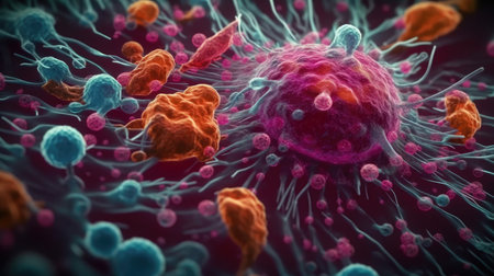 Vivid Microscopic View of Immune System Cells for Medical Presentations. Generative AIの素材