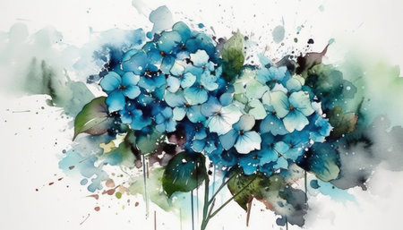 Cool Blue Hydrangea Cluster on White Background for Invitations and Posters. Generative AIの素材