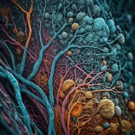 Vivid Golgi Apparatus in a Cell: A High-Resolution Electron Microscope View for Medical Research. Generative AIの素材