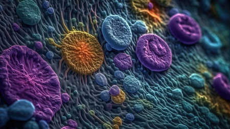 Vivid Microscopic View of Digestive System Cells for Medical Presentations. Generative AIの素材