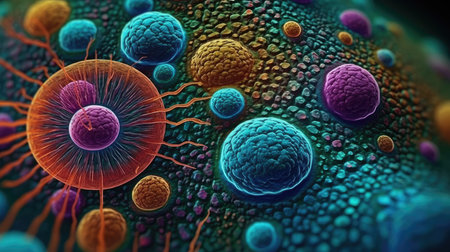 Vivid Microscopic View of Motor System Cells for Medical Research. Generative AIの素材