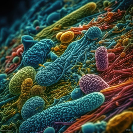 Vivid Colors of Microscopic Bacteria Viewed Through Electron Microscope. Ideal for Science Presentations and Educational Materials. Generative AIの素材