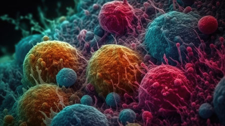 Vivid Colors of Apoptotic Cells Under Electron Microscope. Generative AIの素材