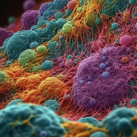 Vivid Colors of Lysosomes Breaking Down Cellular Waste in 4K. Perfect for Medical Presentations. Generative AIの素材