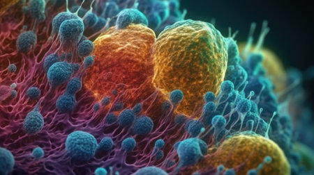 Vivid Colors of Apoptotic Cells Under Electron Microscope. Ideal for Medical Research. Generative AIの素材