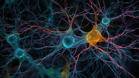 Vivid Microscopic View of Nerve Cells for Medical Research. Generative AIの素材
