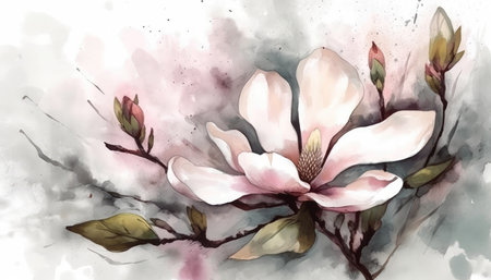 Creamy White Magnolia Bouquet on Isolated Watercolor Background for Invitations and Posters. Generative AIの素材