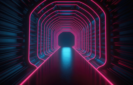Neon Light Tunnel in Indigo and Crimson Colors. Perfect for Landing Pages. Generative AIの素材