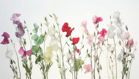 Pastel Sweet Pea Arrangement on White Background for Invitations and Posters. Generative AIの素材