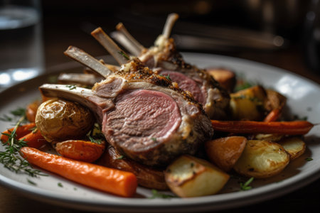 Mouth-Watering Rack of Lamb with Roasted Side. Perfect for Fine Dining Menus. Generative AIの素材