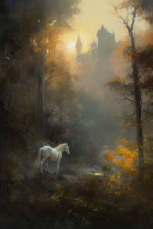 Mystical Forest Landscape with Towering Trees. Perfect for Posters and Wallpapers. Generative AIの素材