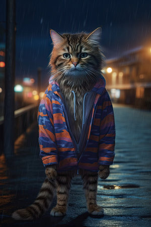 Fluffy Cat in Beach Suit at Night in Downtown Tokyo - Surrealistic Elements. Perfect for Posters and Web. Generative AIの素材