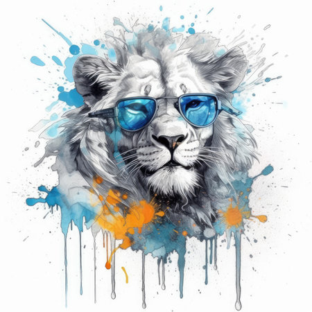 Hand drawn portrait of a white lion with blue sunglasses. Vector illustration.の素材