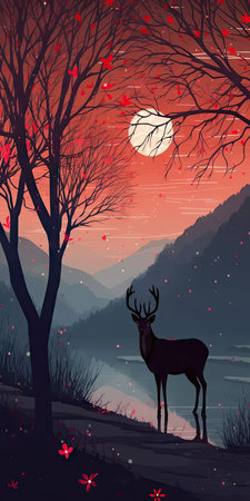 Vintage Elk Travel Poster: Minimalist Night Scene with Sparkling Water. Generative AIの素材