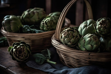 Freshly Picked Artichokes on a Wooden Table. Perfect for Recipe Books and Food Blogs. Generative AIの素材