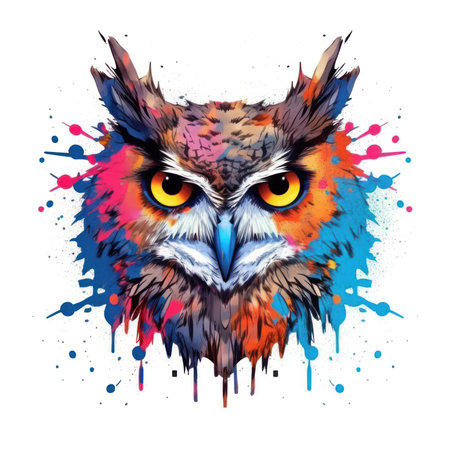 Colorful Owl Head in Dark Bronze and Azure Neonpunk Style Lith Print. Perfect for Posters and Invitations. Generative AIの素材