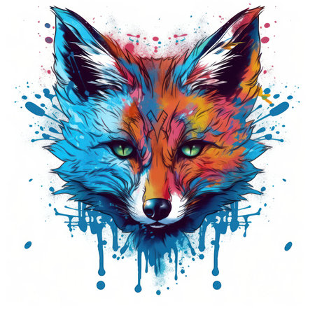 Colorful Fox Head in Dark Bronze and Azure Neonpunk Style Lith Print. Perfect for Posters and Invitations. Generative AIの素材