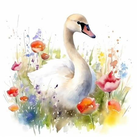 Charming Baby Swan in a Colorful Flower Field - Watercolor Painting - Ideal for Nursery Decor and Greeting Cards - Generative AIの素材