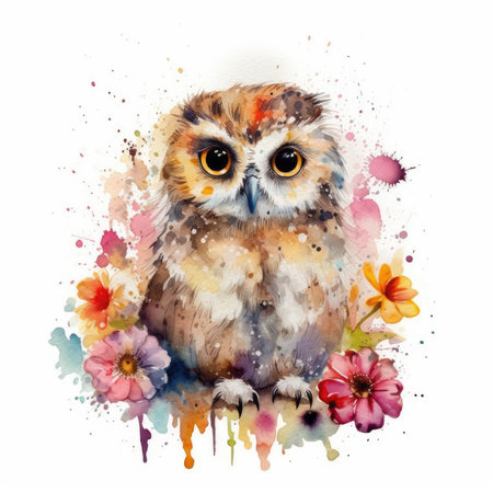 Watercolor Painting of Colorful Flower Field with Adorable Baby Owl - Wildlife Art - Ideal for Greeting Cards and Art Prints - Generative AIの素材