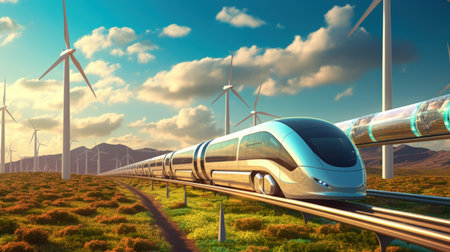 Green Energy in Motion: Hyperloop Train Speeding by Wind Turbines and Solar Farms. Generative AIの素材