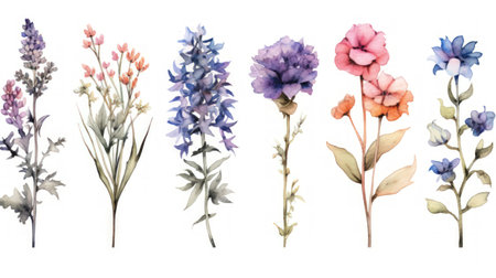 Armenian Floral Collection: Watercolor Blooms on a Clean White Background. Generative AIの素材