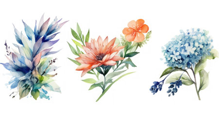 Flower Collection Set in Watercolor on a Clean White Background with Sharp Lines and Centered View. Generative AIの素材