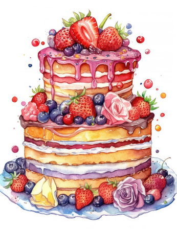Colorful Birthday Cake Celebration on White Background in Watercolor Style. Generative AIの素材
