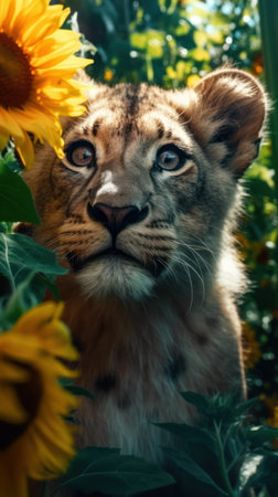 Photo for Exploring the Lost Ancient Rural with a Beautiful Shimmering Cosmic Lion Cub in Extreme Close-up. Generative AI - Royalty Free Image