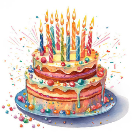 Celebrate with a Colorful Funfetti Cake Watercolor Illustration. Generative AIの素材