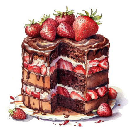 Decadent Chocolate Cake with Fresh Strawberries Watercolor Illustration. Generative AIの素材