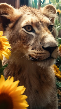 Exploring the Lost Ancient Rural with a Beautiful Shimmering Cosmic Lion Cub in Extreme Close-up. Generative AIの素材