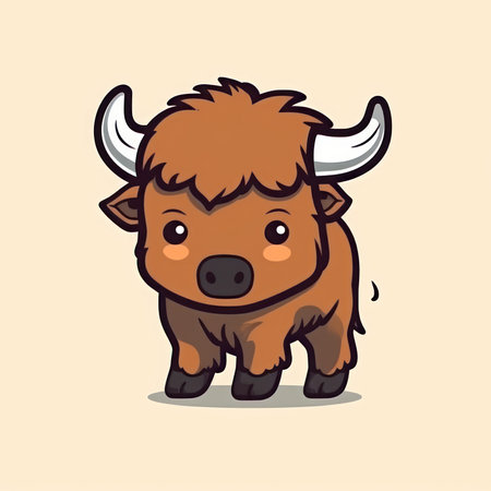 Simple and Cute Bison Outline in Cartoon Style on Clear Background. Generative AIの素材