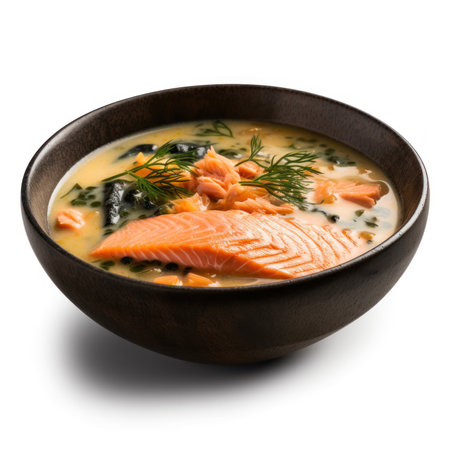 Delicious Finnish Salmon Soup in a Bowl on White Background. Generative AIの素材